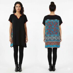 Johnny Was Silk Back Tunic Top V-Neck Boho Lagenlook XS Like New